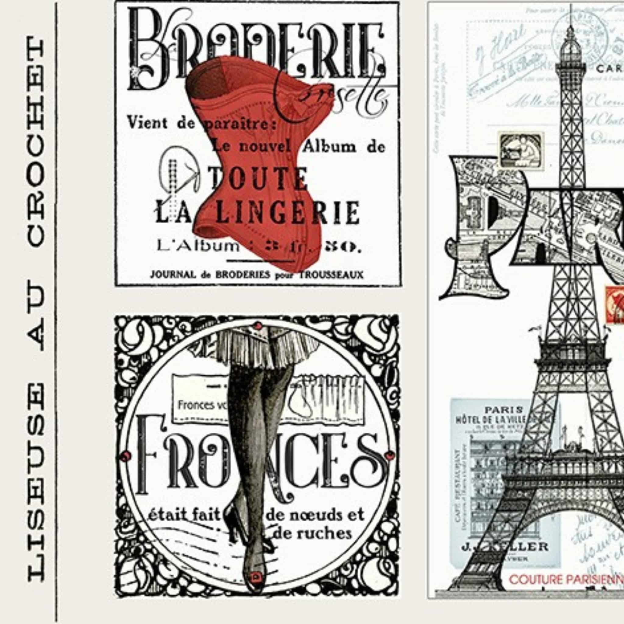 Paris patchwork panel cream fabric with Eiffel Tower and vintage French fashion motifs for travel quilts, bags and patchwork sewing projects