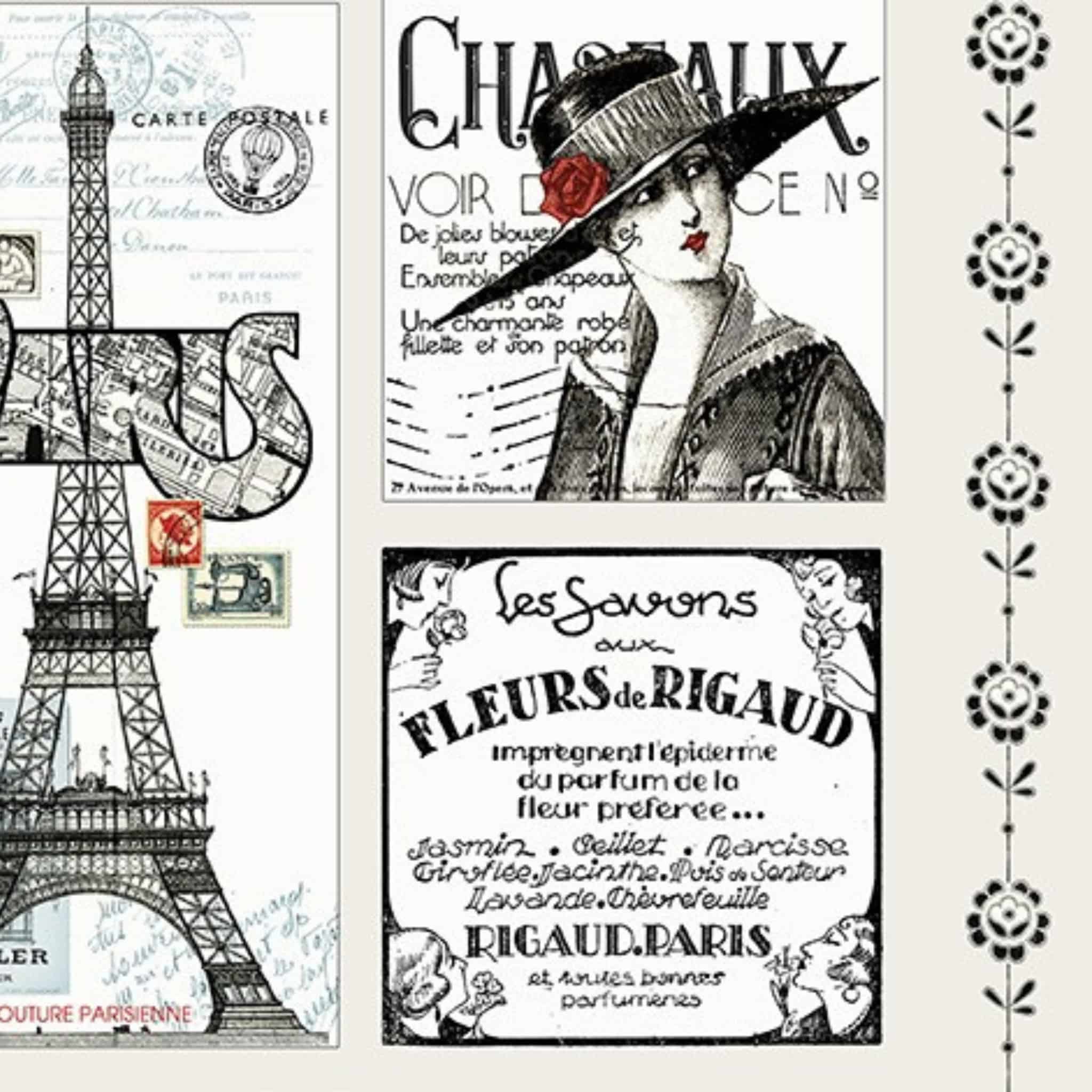 Paris patchwork panel cream fabric with Eiffel Tower and vintage French fashion motifs for travel quilts, bags and patchwork sewing projects