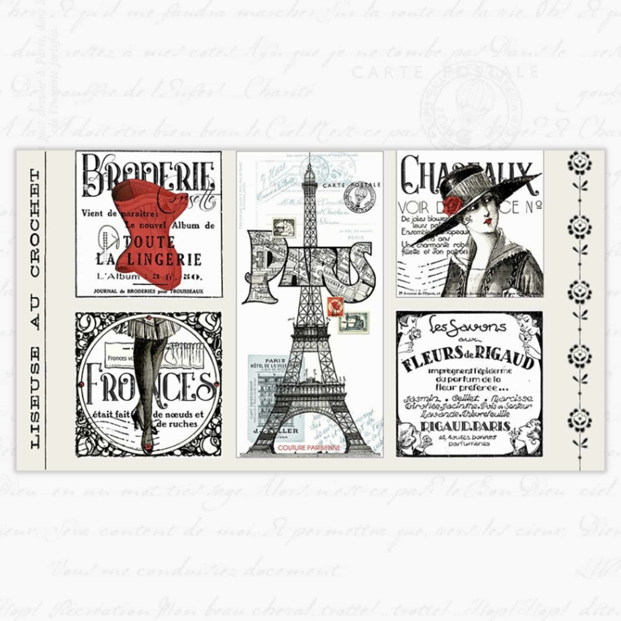 Paris patchwork panel cream fabric with Eiffel Tower and vintage French fashion motifs for travel quilts, bags and patchwork sewing projects