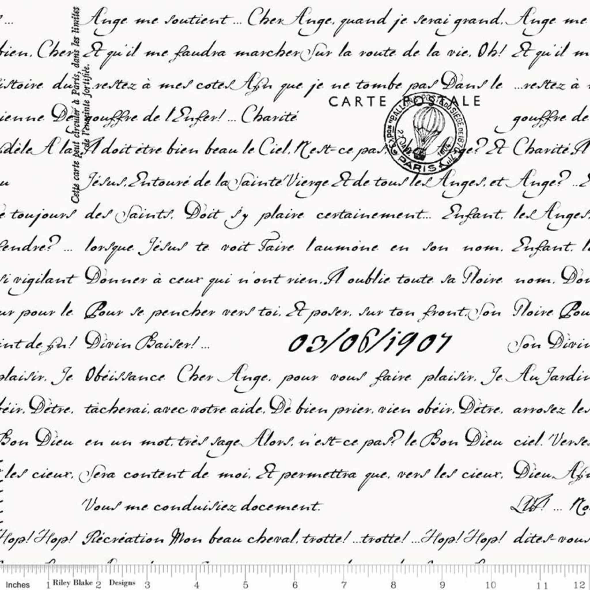 Vintage French postcard text cream fabric with Parisian script for travel quilts, bags and patchwork sewing projects