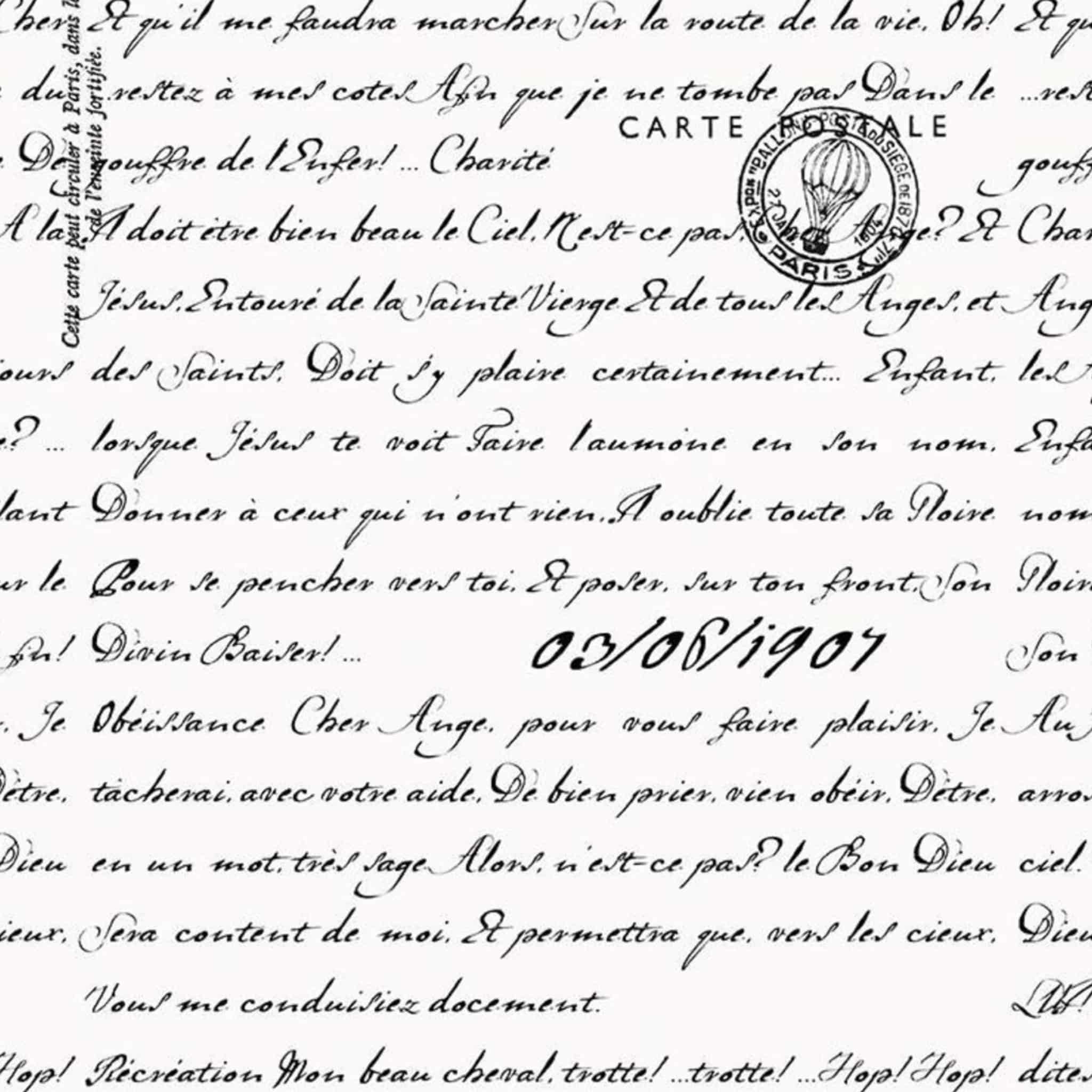 Vintage French postcard text cream fabric with Parisian script for travel quilts, bags and patchwork sewing projects