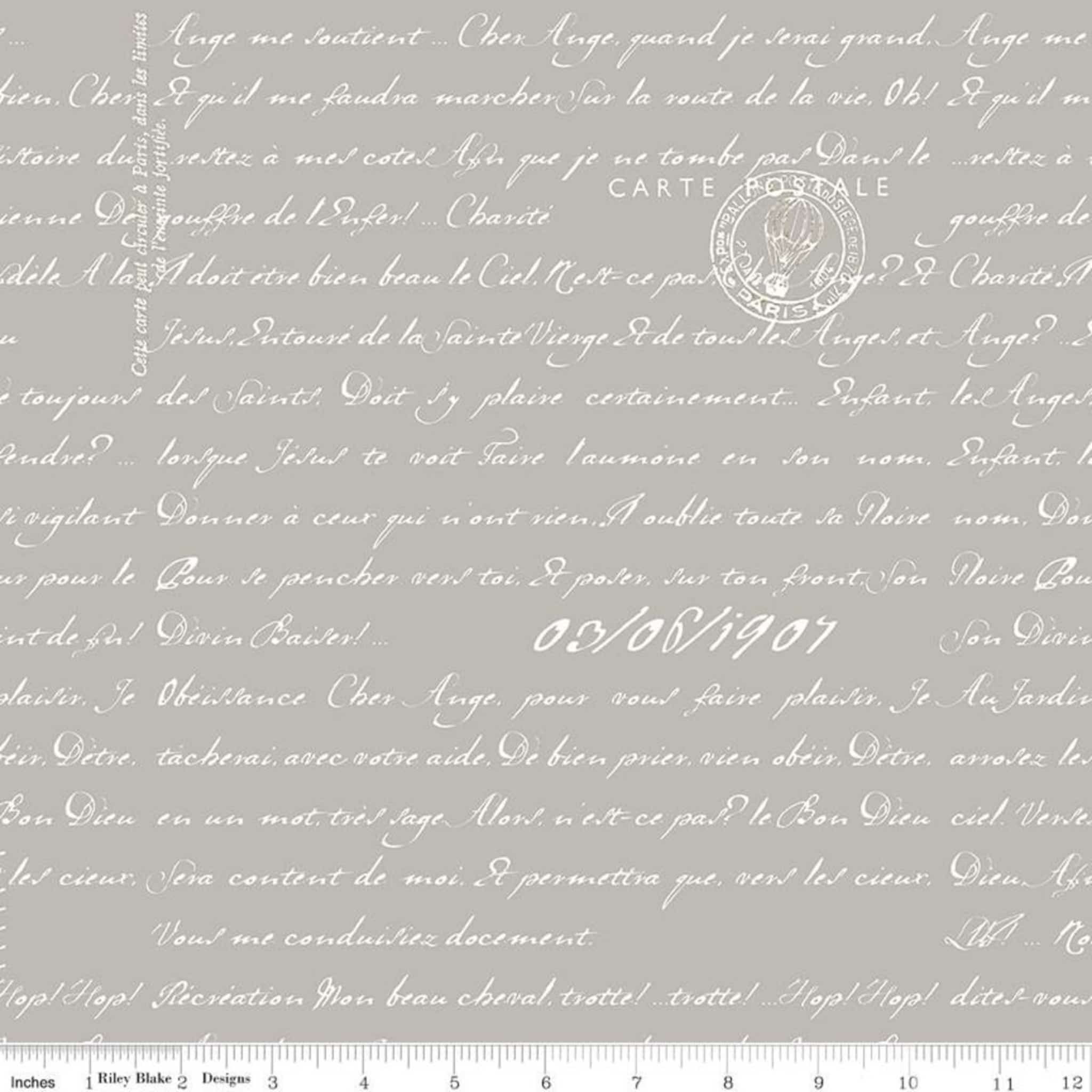 Vintage French postcard text gray fabric with Parisian script for travel quilts, bags and patchwork sewing projects