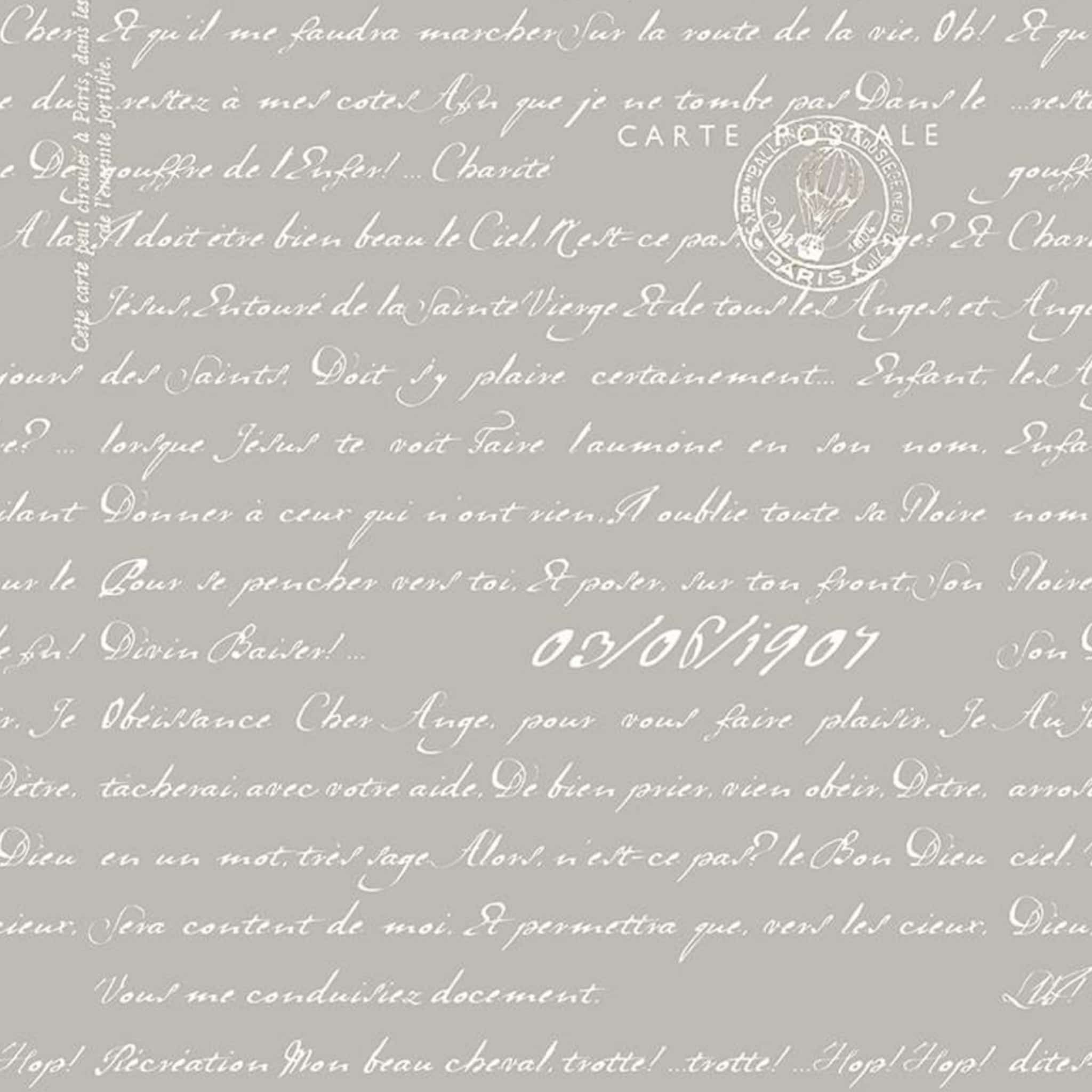 Vintage French postcard text grey fabric with Parisian script for travel quilts, bags and patchwork sewing projects