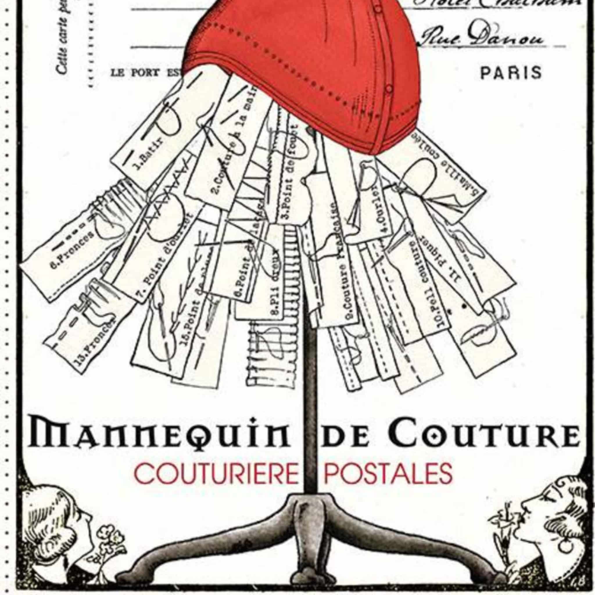Vintage French dressmaking mannequin panel cream fabric with red corset and French script for quilts and patchwork sewing projects