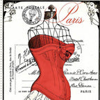 Vintage French dressmaking mannequin panel cream fabric with red corset and French script for quilts and patchwork sewing projects
