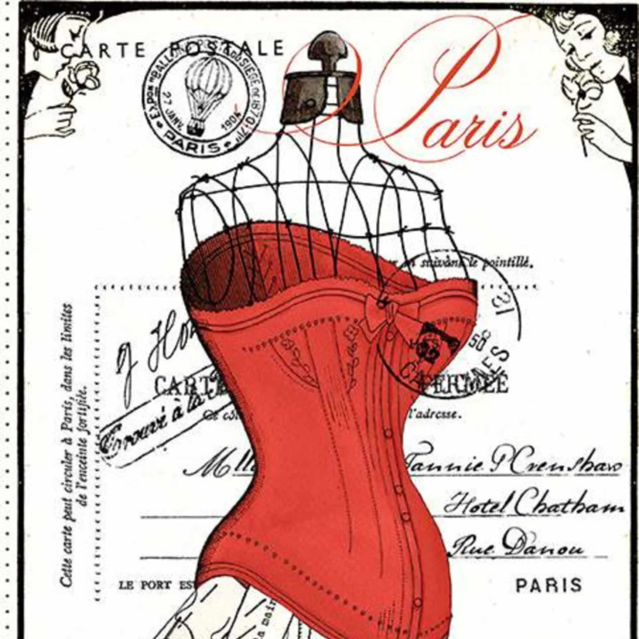 Vintage French dressmaking mannequin panel cream fabric with red corset and French script for quilts and patchwork sewing projects