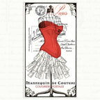 Vintage French dressmaking mannequin panel cream fabric with red corset and French script for quilts and patchwork sewing projects
