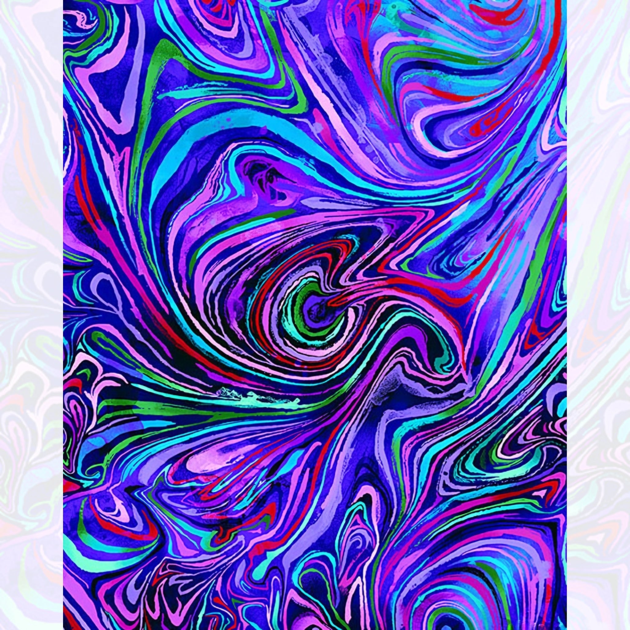 Marbled swirl digital print purple magenta turquoise lime green psychedelic blender fabric for feature quilts bags and bold patchwork sewing projects