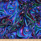 Marbled swirl digital print purple magenta turquoise lime green psychedelic blender fabric for feature quilts bags and bold patchwork sewing projects