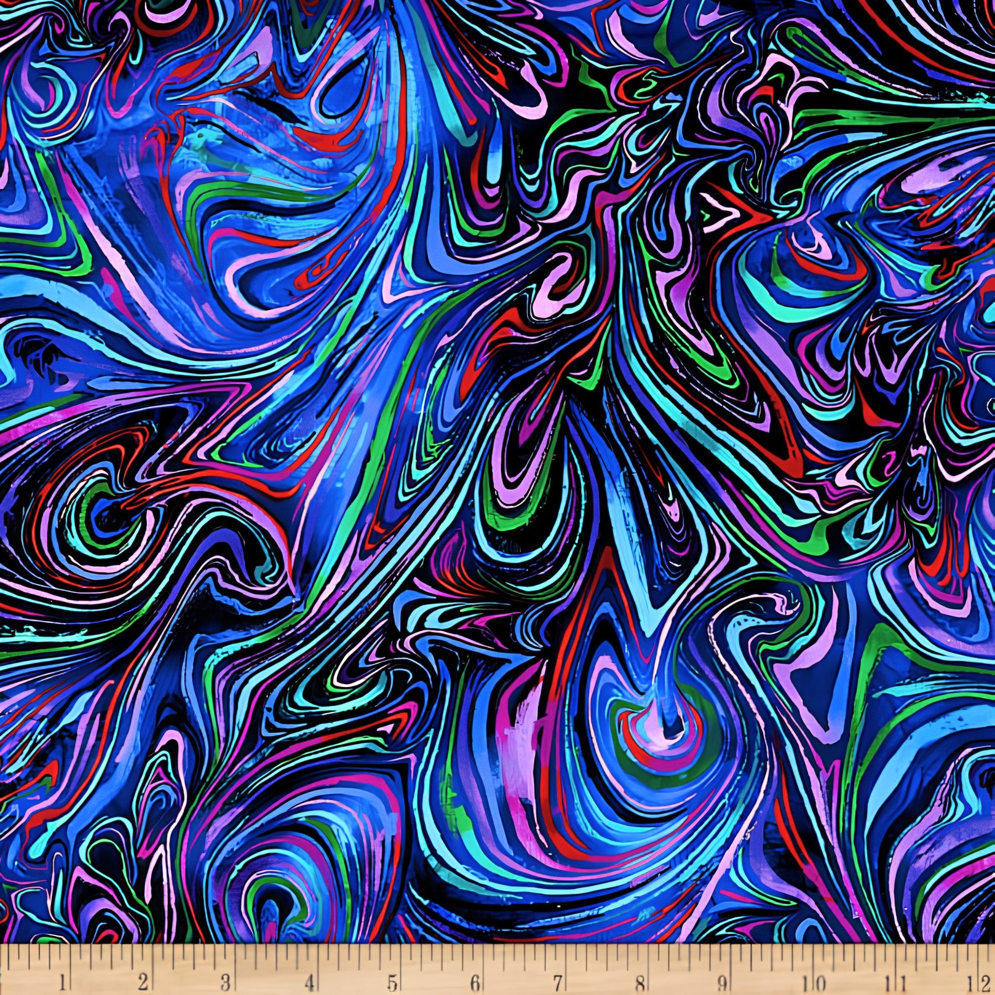 Marbled swirl digital print purple magenta turquoise lime green psychedelic blender fabric for feature quilts bags and bold patchwork sewing projects