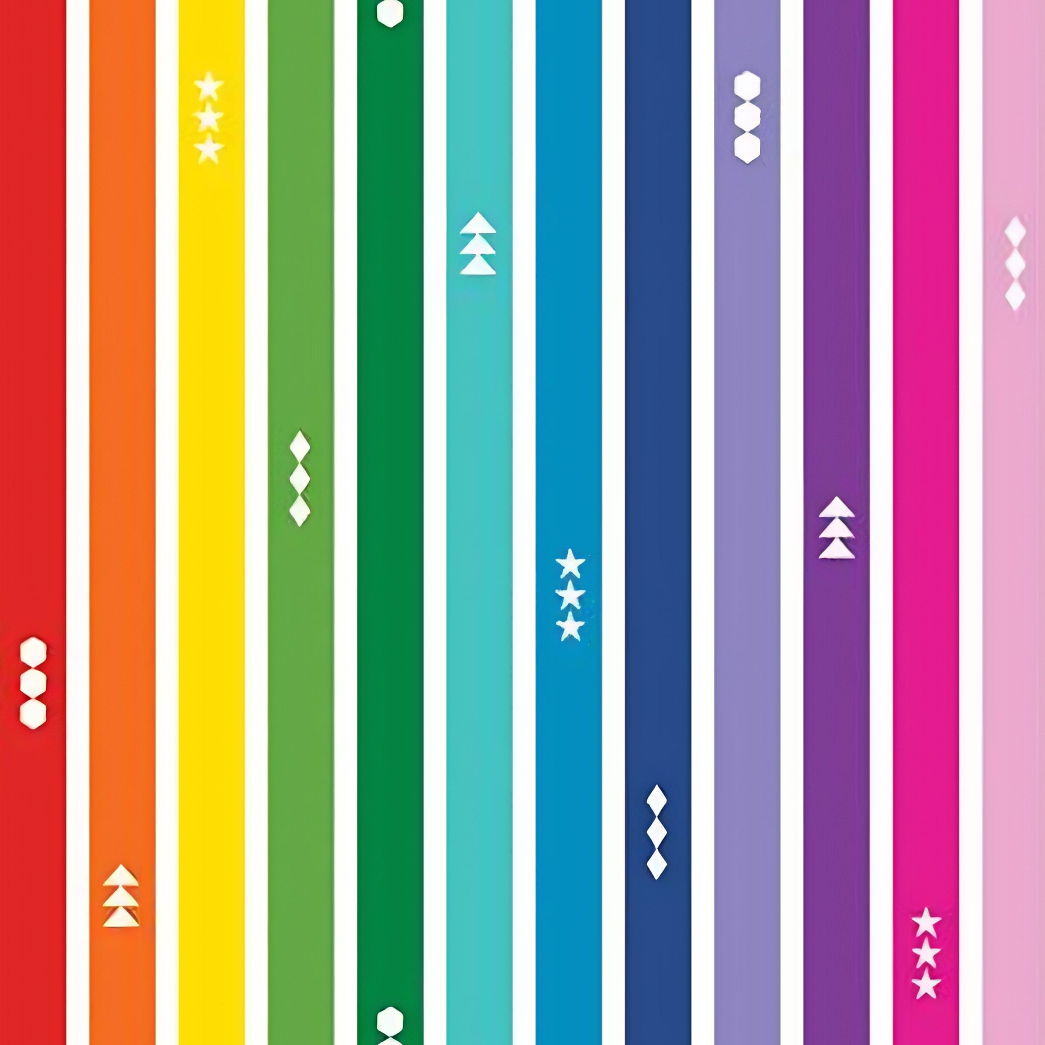 Rainbow stripe white quilting fabric with geometric motifs stars triangles diamonds for kids quilts borders and modern patchwork