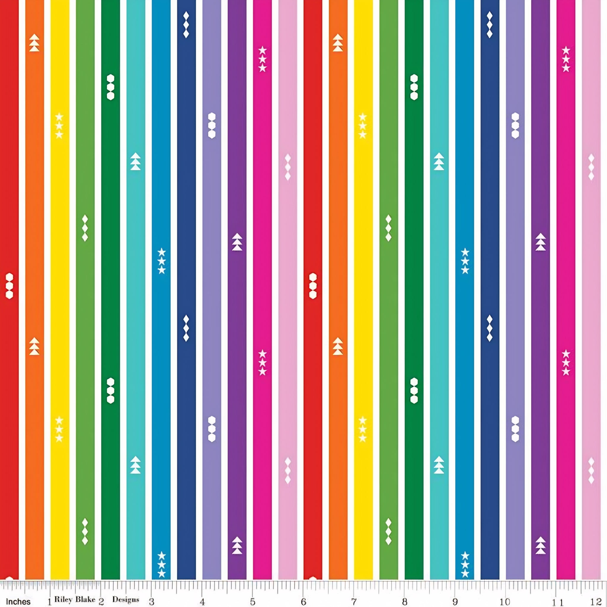 Rainbow stripe white quilting fabric with geometric motifs stars triangles diamonds for kids quilts borders and modern patchwork