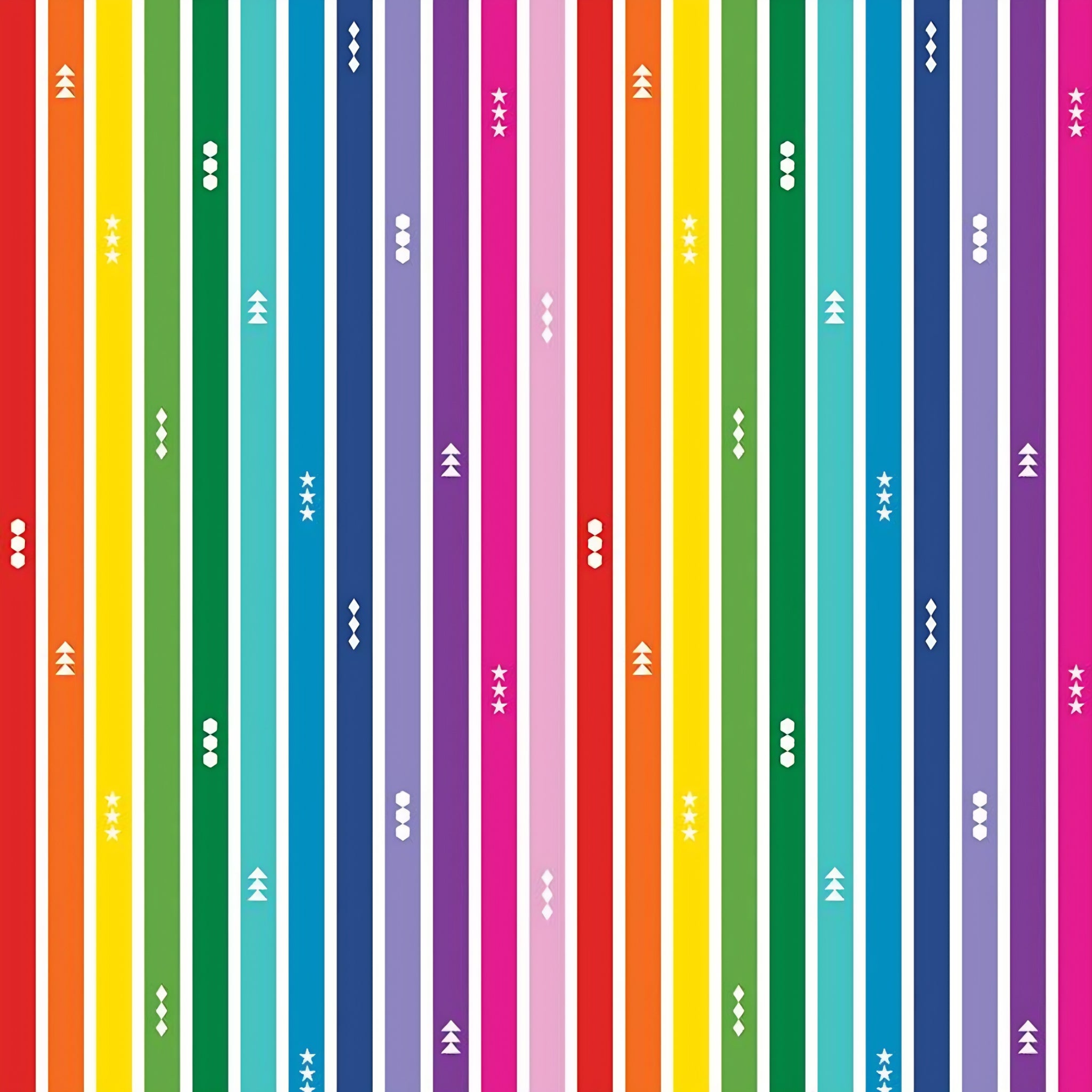 Rainbow stripe white quilting fabric with geometric motifs stars triangles diamonds for kids quilts borders and modern patchwork