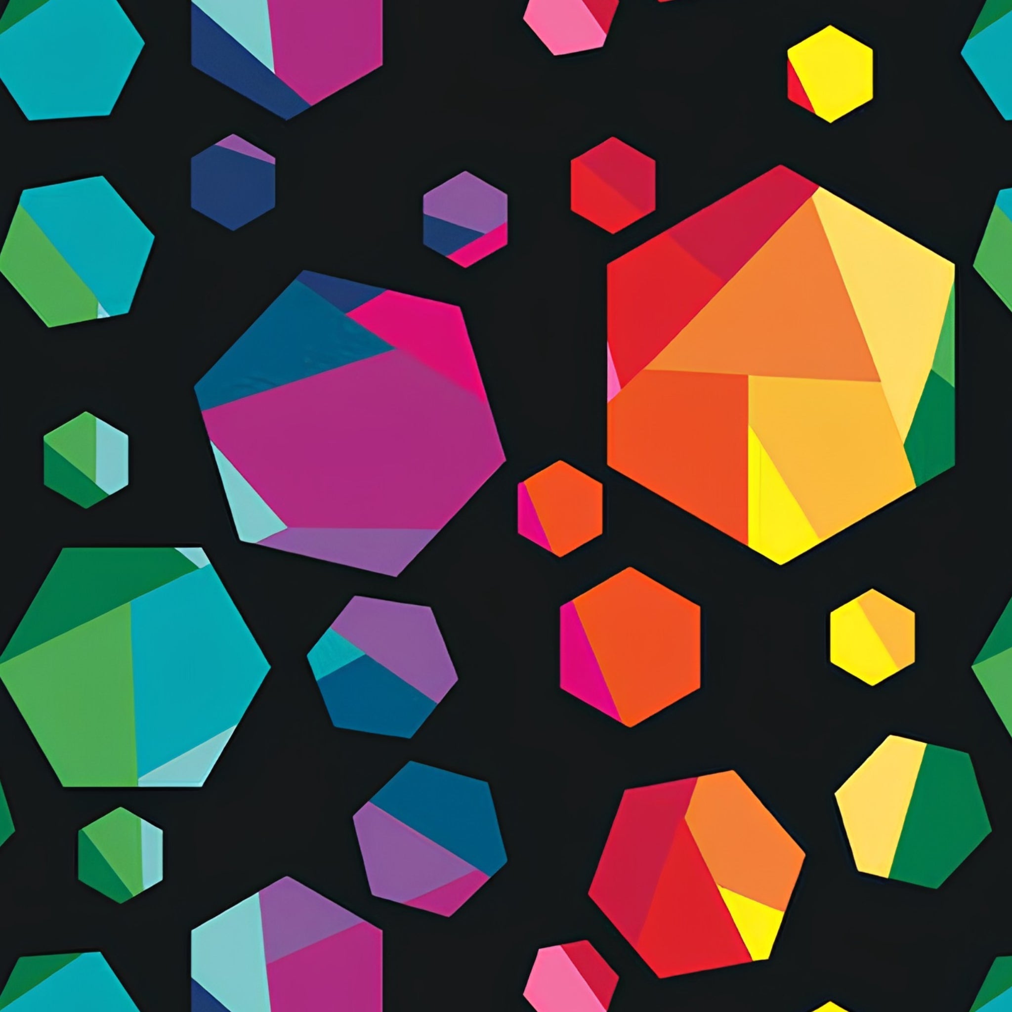 Rainbow geometric gem hexagon shapes multicolour black quilting fabric for kids quilts feature blocks and statement patchwork projects
