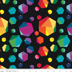 Rainbow geometric gem hexagon shapes multicolour black quilting fabric for kids quilts feature blocks and statement patchwork projects