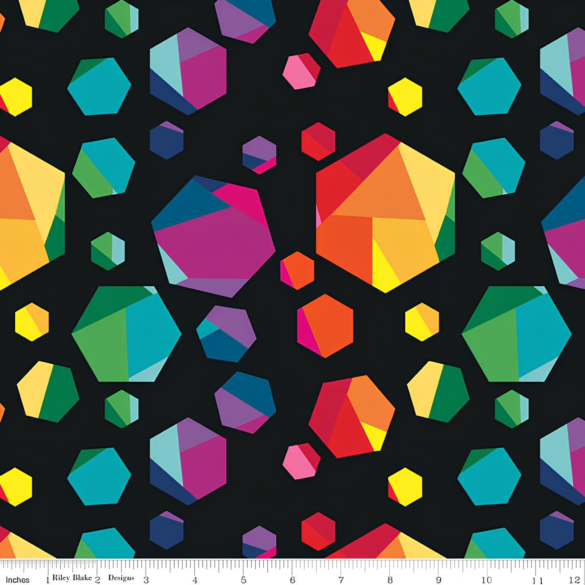 Rainbow geometric gem hexagon shapes multicolour black quilting fabric for kids quilts feature blocks and statement patchwork projects