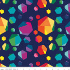 Rainbow geometric gem hexagon shapes multicolour navy blue quilting fabric for kids quilts feature blocks and statement patchwork projects