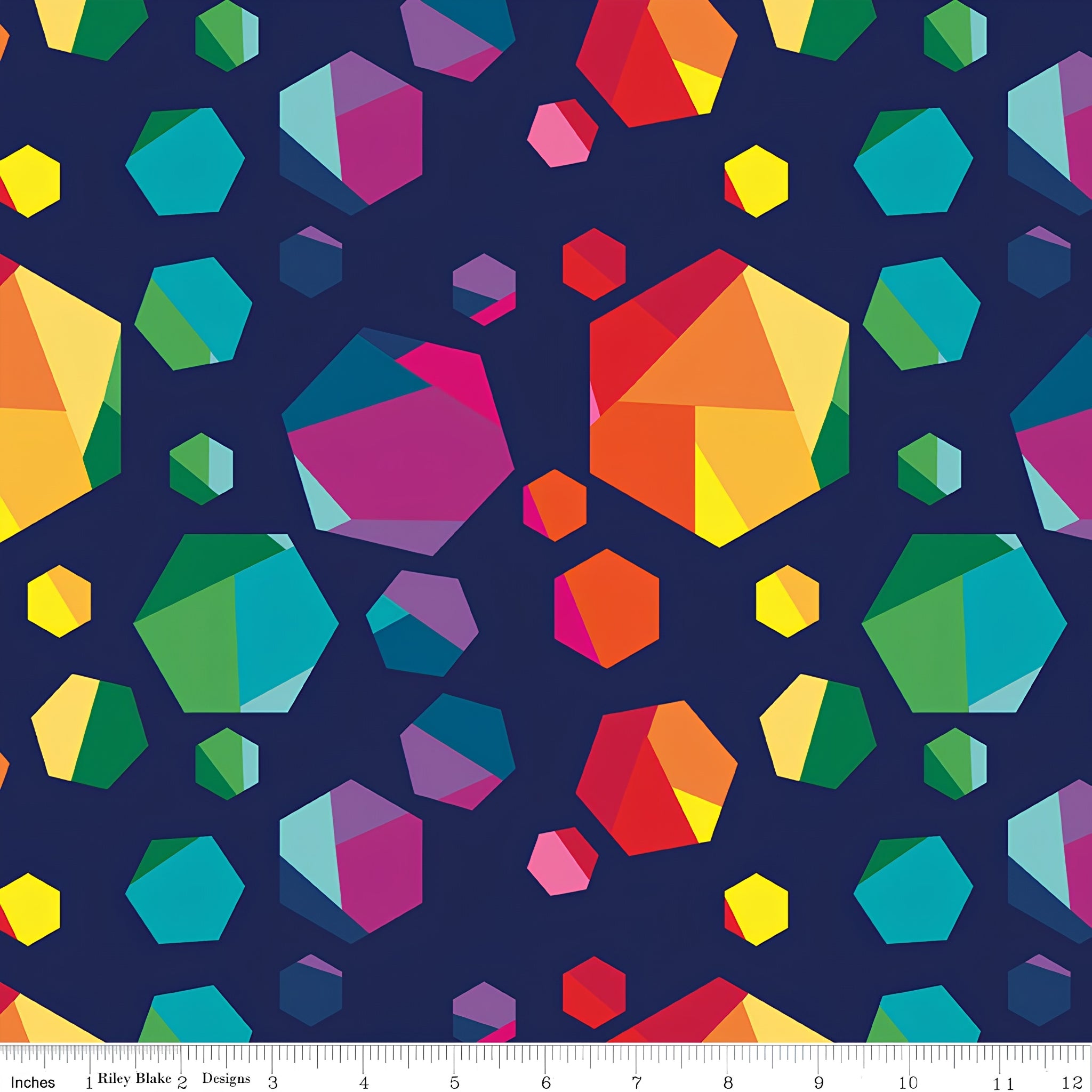 Rainbow geometric gem hexagon shapes multicolour navy blue quilting fabric for kids quilts feature blocks and statement patchwork projects