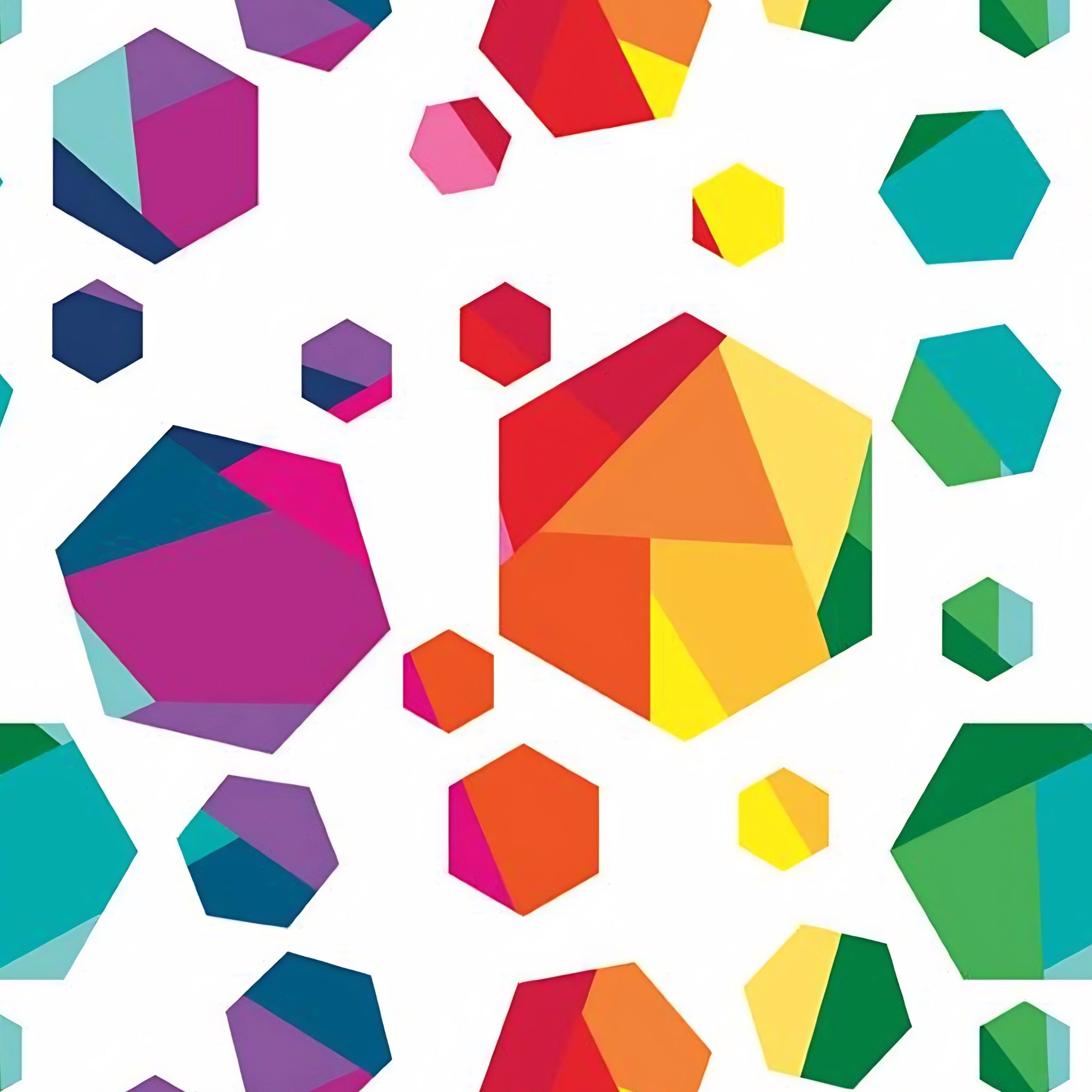 Rainbow geometric gem hexagon shapes multicolour white quilting fabric for kids quilts feature blocks and statement patchwork projects
