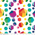 Rainbow geometric gem hexagon shapes multicolour white quilting fabric for kids quilts feature blocks and statement patchwork projects