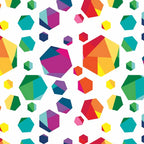 Rainbow geometric gem hexagon shapes multicolour white quilting fabric for kids quilts feature blocks and statement patchwork projects