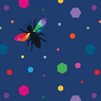 Novelty black bee silhouettes rainbow geometric wings multicolour hexagons navy blue fabric for kids quilts and novelty patchwork projects
