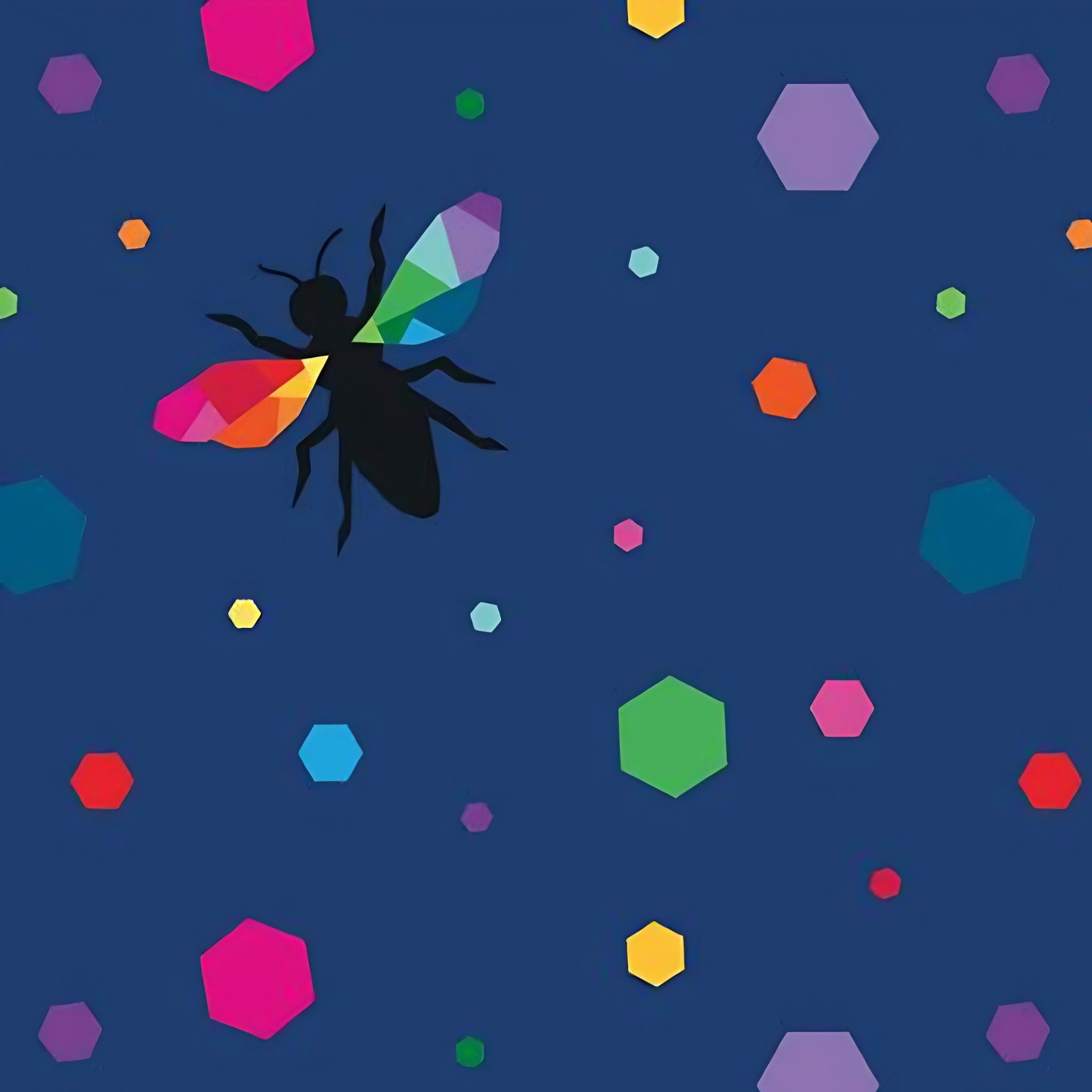 Novelty black bee silhouettes rainbow geometric wings multicolour hexagons navy blue fabric for kids quilts and novelty patchwork projects