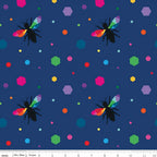 Novelty black bee silhouettes rainbow geometric wings multicolour hexagons navy blue fabric for kids quilts and novelty patchwork projects