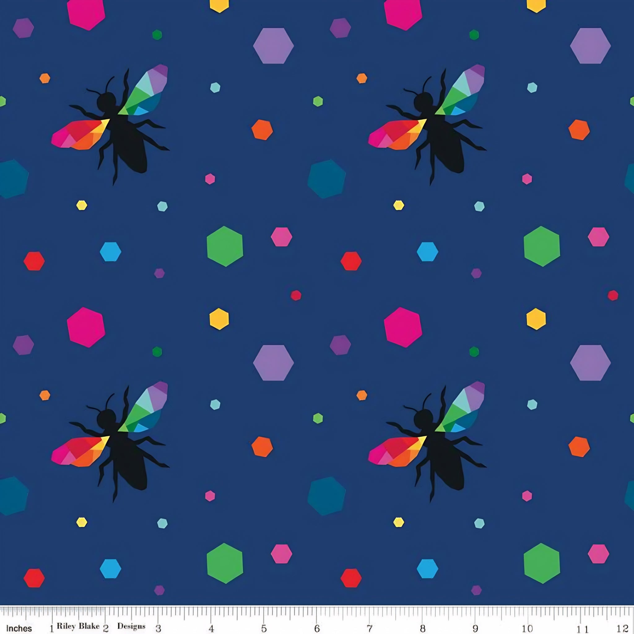 Novelty black bee silhouettes rainbow geometric wings multicolour hexagons navy blue fabric for kids quilts and novelty patchwork projects