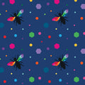 Novelty black bee silhouettes rainbow geometric wings multicolour hexagons navy blue fabric for kids quilts and novelty patchwork projects