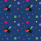 Novelty black bee silhouettes rainbow geometric wings multicolour hexagons navy blue fabric for kids quilts and novelty patchwork projects