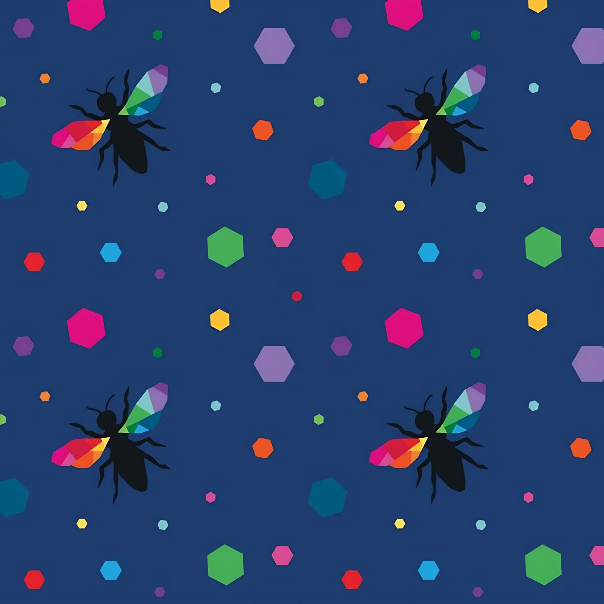 Novelty black bee silhouettes rainbow geometric wings multicolour hexagons navy blue fabric for kids quilts and novelty patchwork projects