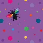 Novelty black bee silhouettes rainbow geometric wings multicolour hexagons purple fabric for kids quilts girls quilts and novelty patchwork projects
