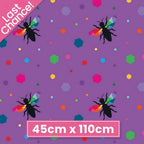 Novelty black bee silhouettes rainbow geometric wings multicolour hexagons purple fabric for kids quilts girls quilts and novelty patchwork projects