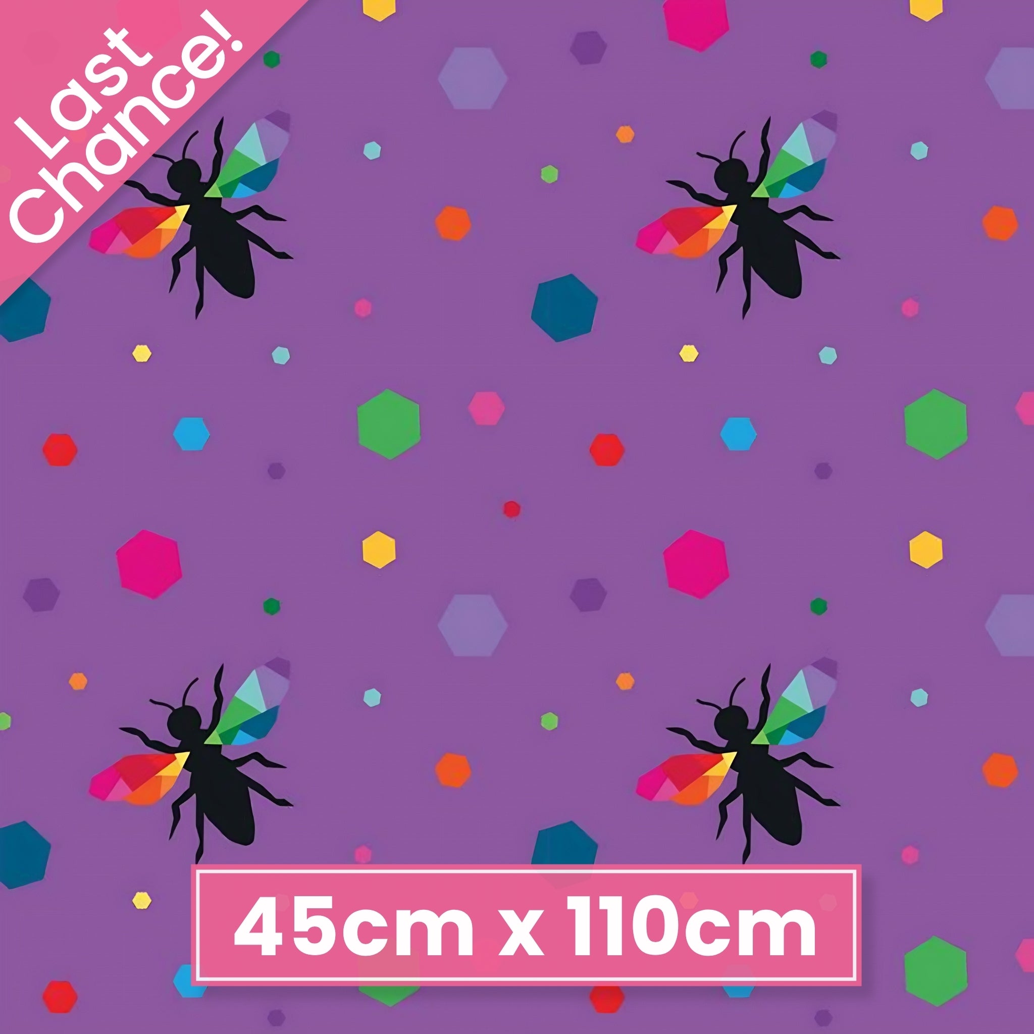 Novelty black bee silhouettes rainbow geometric wings multicolour hexagons purple fabric for kids quilts girls quilts and novelty patchwork projects