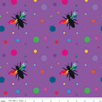 Novelty black bee silhouettes rainbow geometric wings multicolour hexagons purple fabric for kids quilts girls quilts and novelty patchwork projects