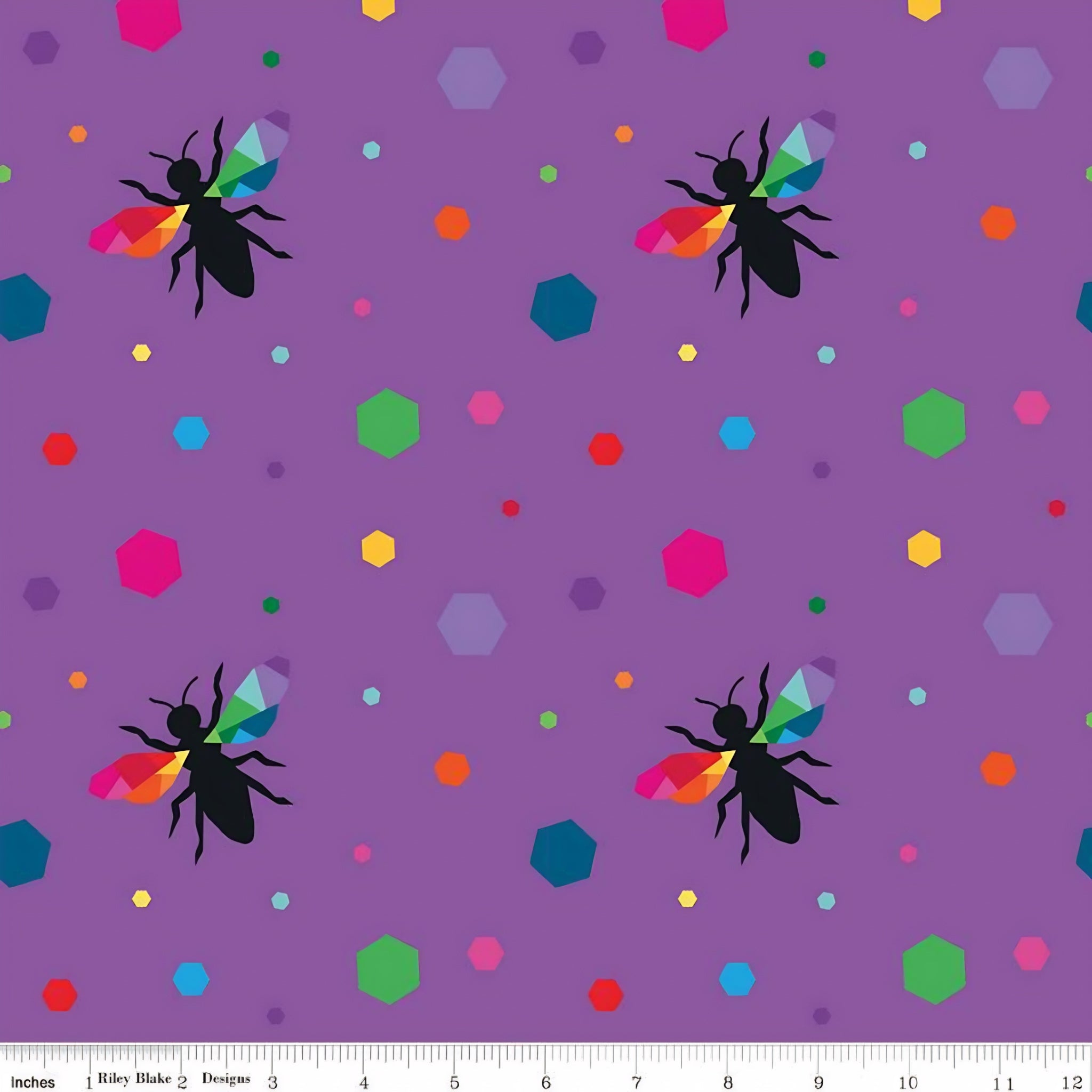 Novelty black bee silhouettes rainbow geometric wings multicolour hexagons purple fabric for kids quilts girls quilts and novelty patchwork projects
