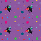 Novelty black bee silhouettes rainbow geometric wings multicolour hexagons purple fabric for kids quilts girls quilts and novelty patchwork projects