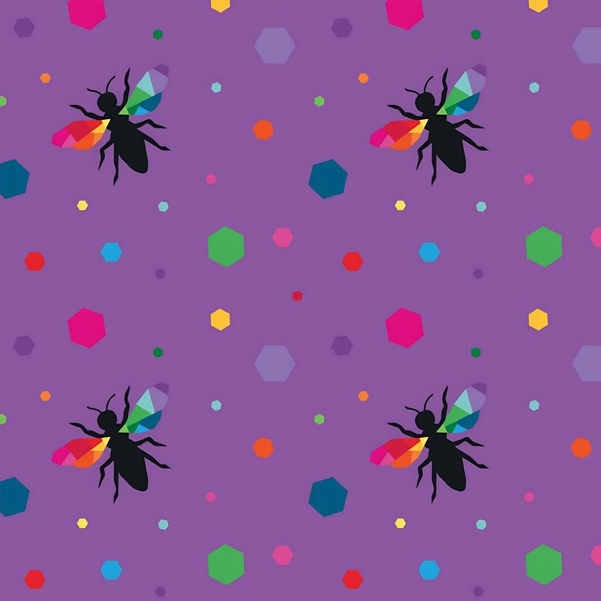 Novelty black bee silhouettes rainbow geometric wings multicolour hexagons purple fabric for kids quilts girls quilts and novelty patchwork projects