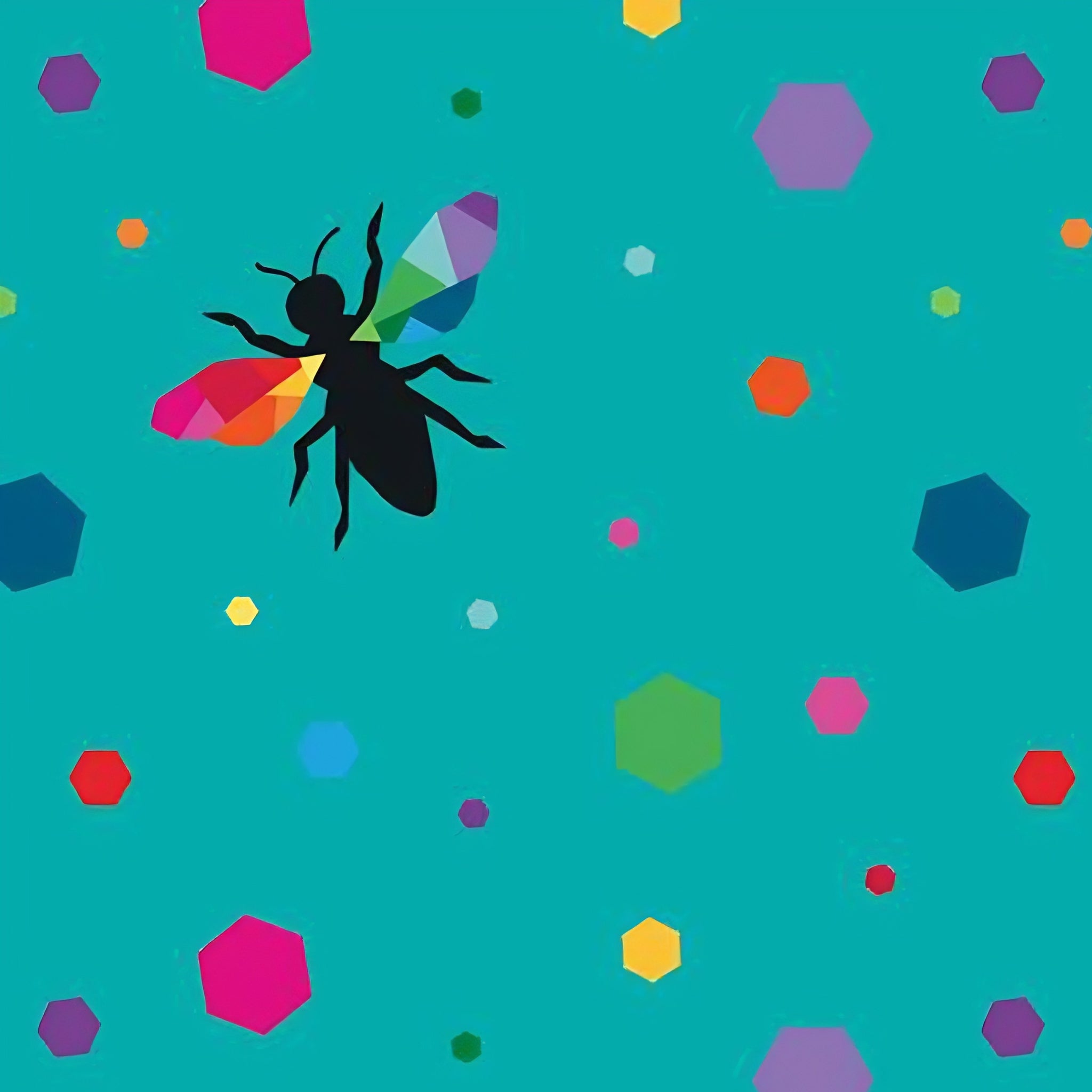 Novelty black bee silhouettes rainbow geometric wings multicolour hexagons turquoise fabric for kids quilts and novelty patchwork projects