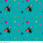 Novelty black bee silhouettes rainbow geometric wings multicolour hexagons turquoise fabric for kids quilts and novelty patchwork projects