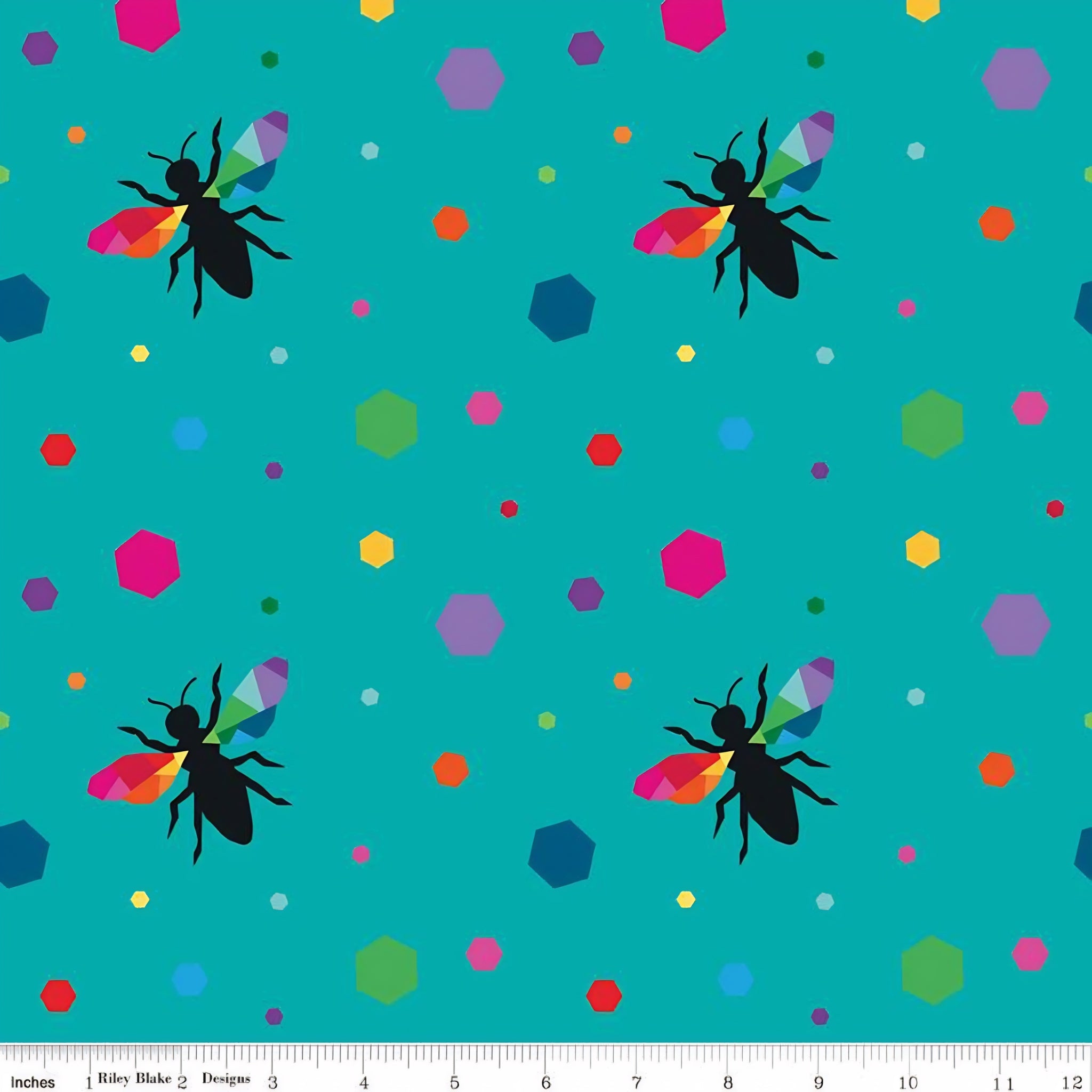Novelty black bee silhouettes rainbow geometric wings multicolour hexagons turquoise fabric for kids quilts and novelty patchwork projects