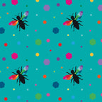 Novelty black bee silhouettes rainbow geometric wings multicolour hexagons turquoise fabric for kids quilts and novelty patchwork projects