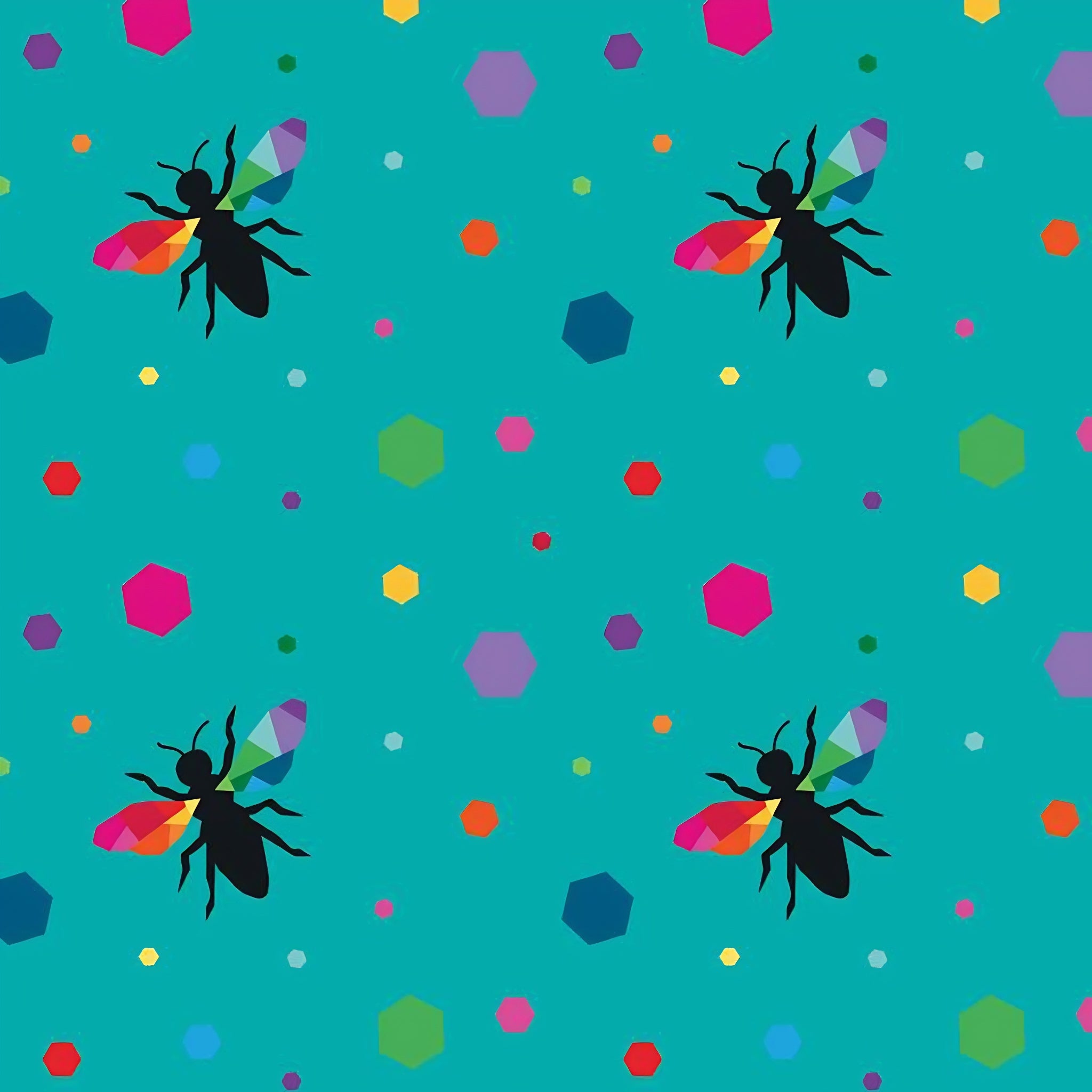 Novelty black bee silhouettes rainbow geometric wings multicolour hexagons turquoise fabric for kids quilts and novelty patchwork projects