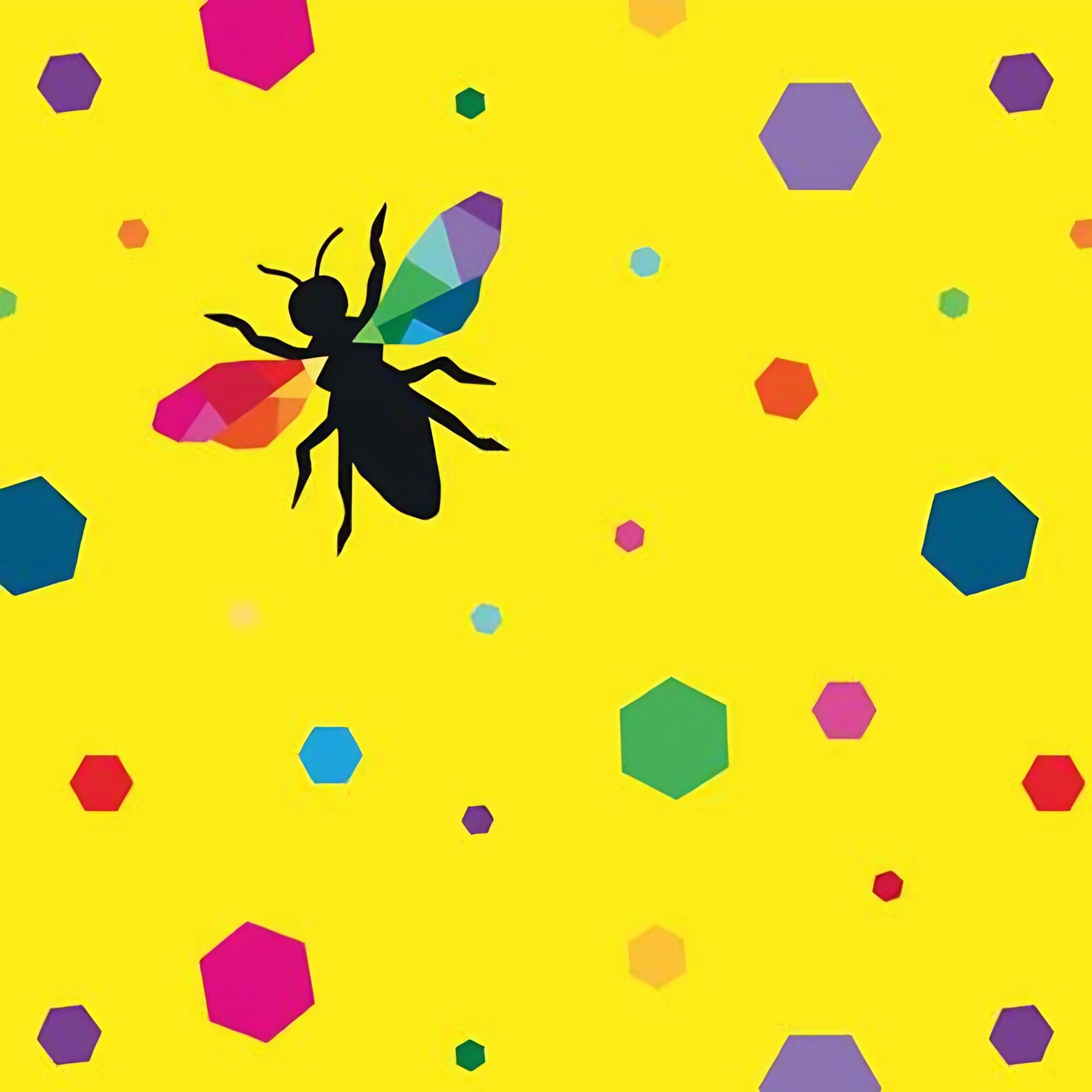 Novelty black bee silhouettes rainbow geometric wings multicolour hexagons yellow fabric for kids quilts and novelty patchwork projects