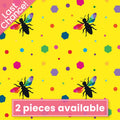 Novelty black bee silhouettes rainbow geometric wings multicolour hexagons yellow fabric for kids quilts and novelty patchwork projects