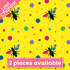 Novelty black bee silhouettes rainbow geometric wings multicolour hexagons yellow fabric for kids quilts and novelty patchwork projects