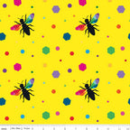 Novelty black bee silhouettes rainbow geometric wings multicolour hexagons yellow fabric for kids quilts and novelty patchwork projects