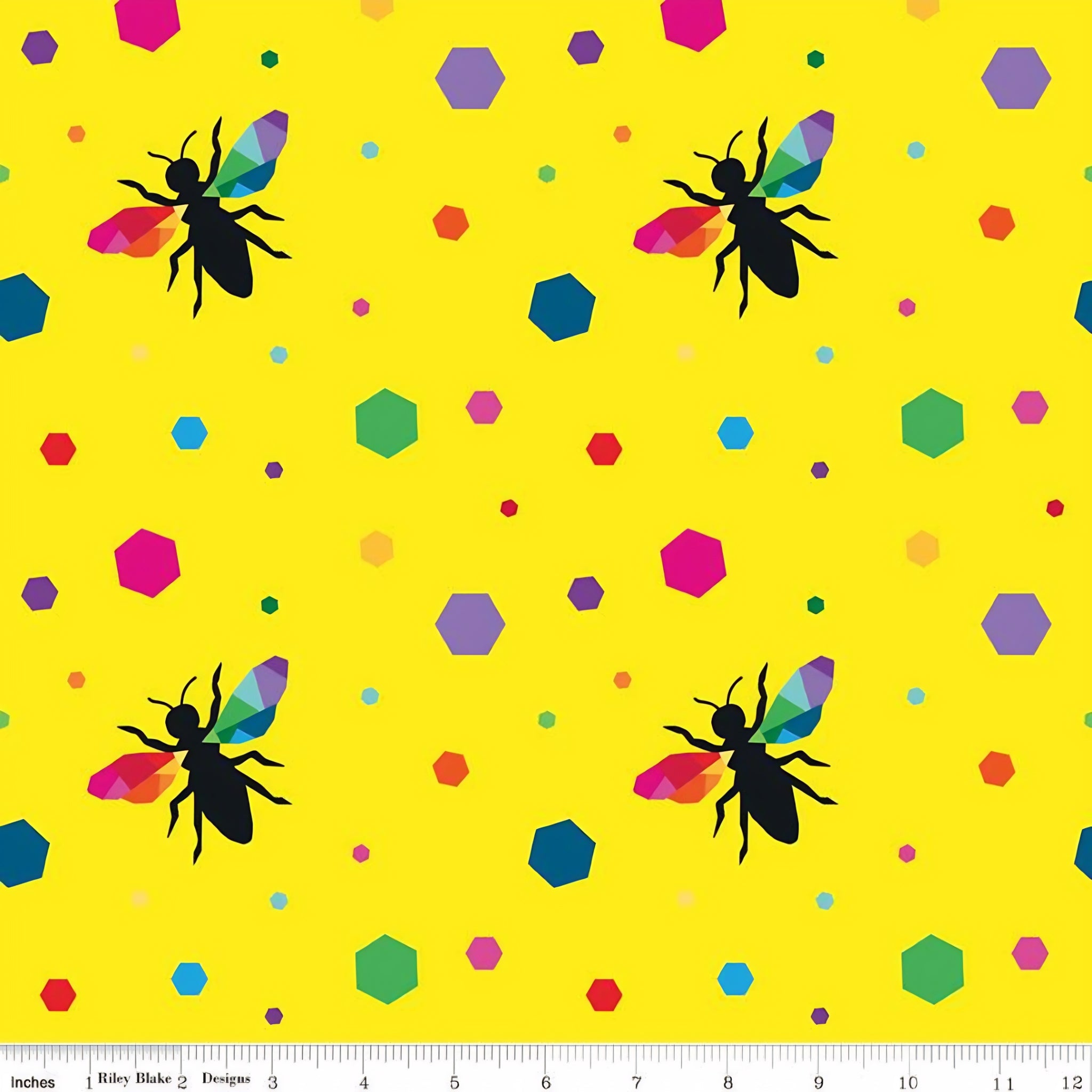 Novelty black bee silhouettes rainbow geometric wings multicolour hexagons yellow fabric for kids quilts and novelty patchwork projects