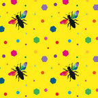 Novelty black bee silhouettes rainbow geometric wings multicolour hexagons yellow fabric for kids quilts and novelty patchwork projects
